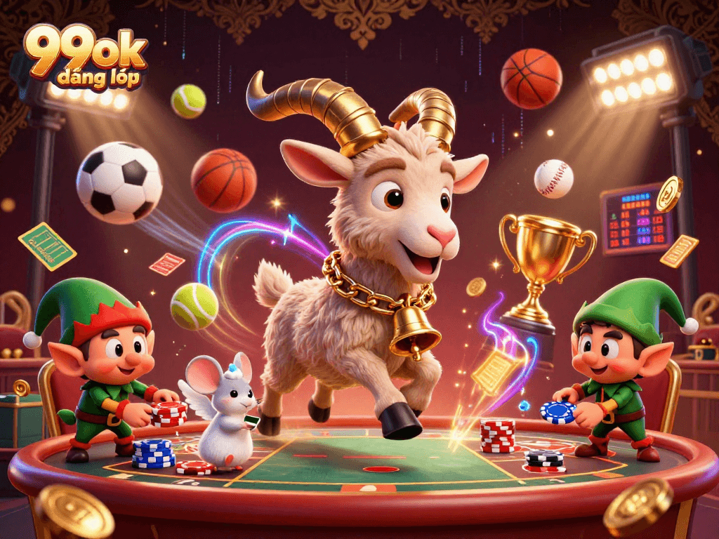 Experience the excitement of 99ok đăng nhập with a dynamic casino scene featuring festive characters and sports elements.