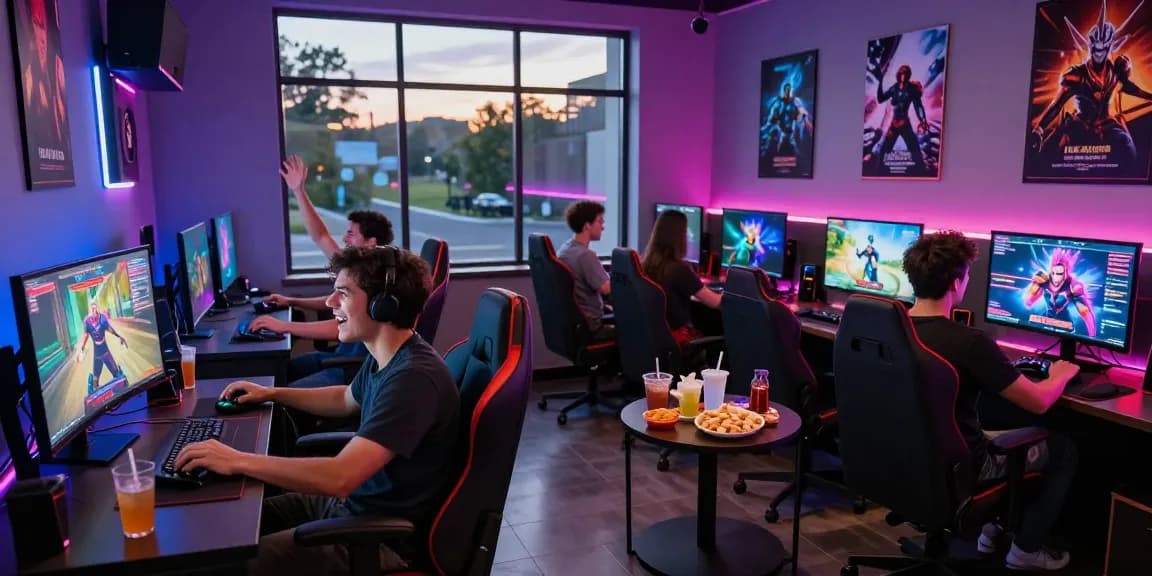 Adults enjoying immersive sex games in a vibrant gaming lounge with modern decor.