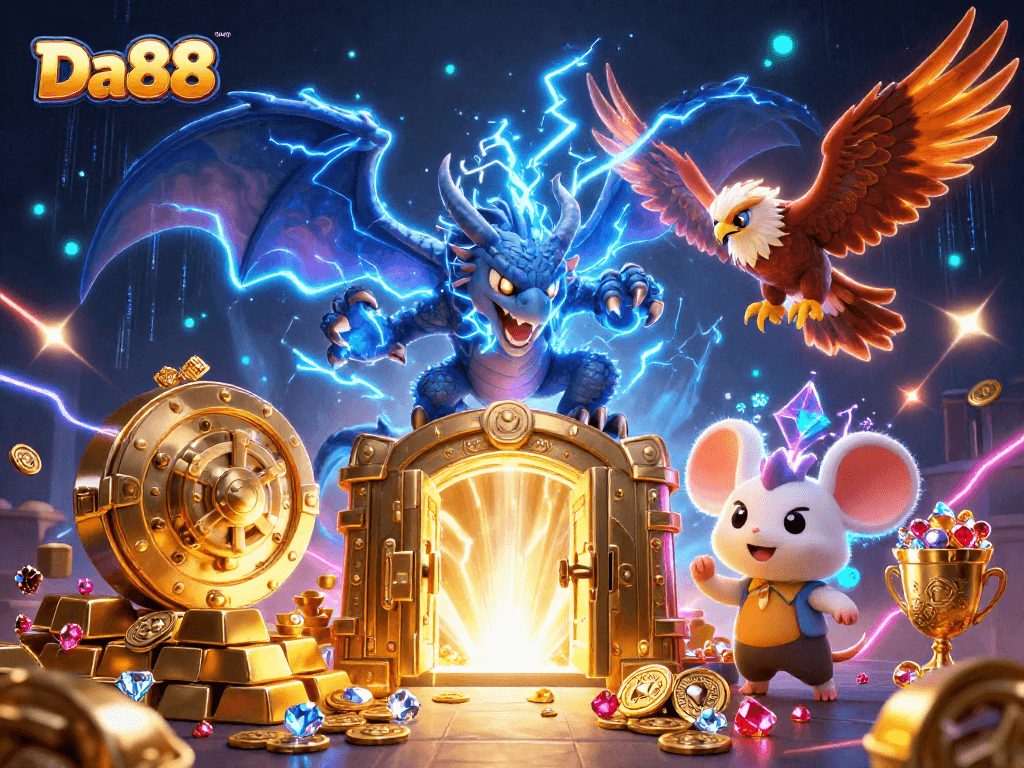 Experience Da88's electrifying gaming scene with dynamic characters and fortune elements.