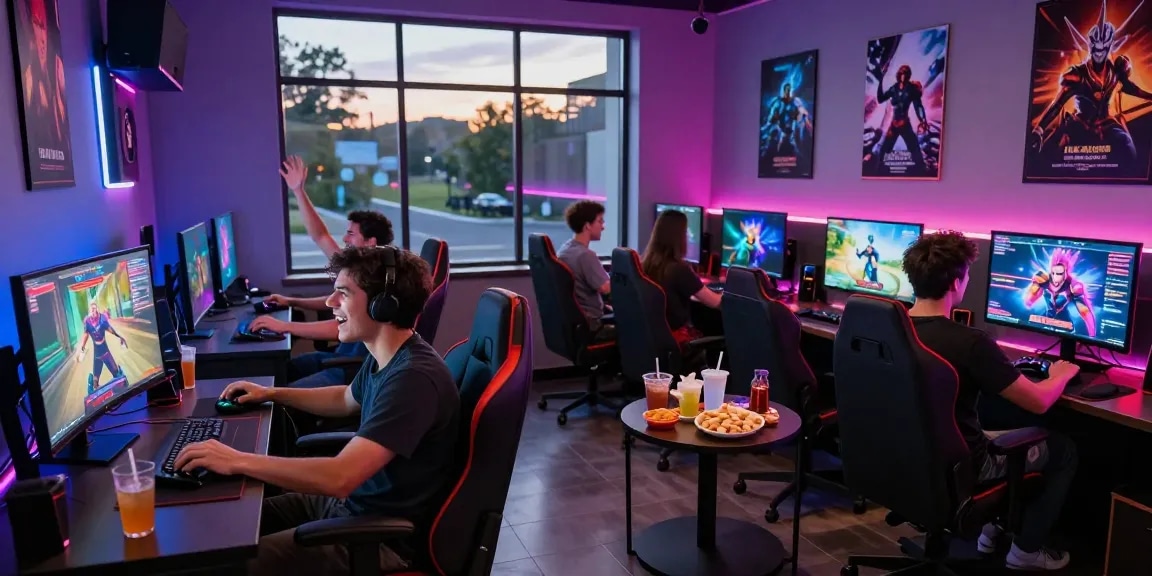 Adults enjoying immersive sex games in a vibrant gaming lounge with modern decor.