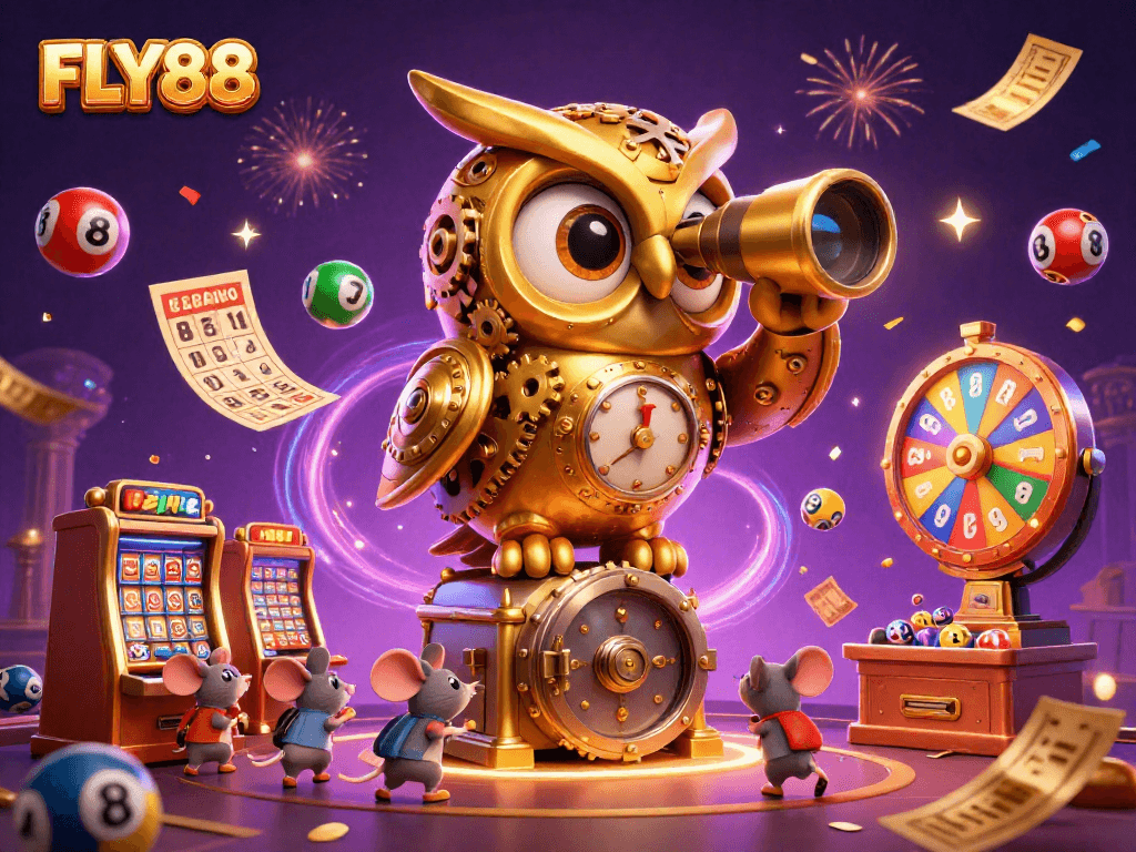 FLY88 captivates with a golden owl overseeing a vibrant casino scene filled with dynamic lottery elements.