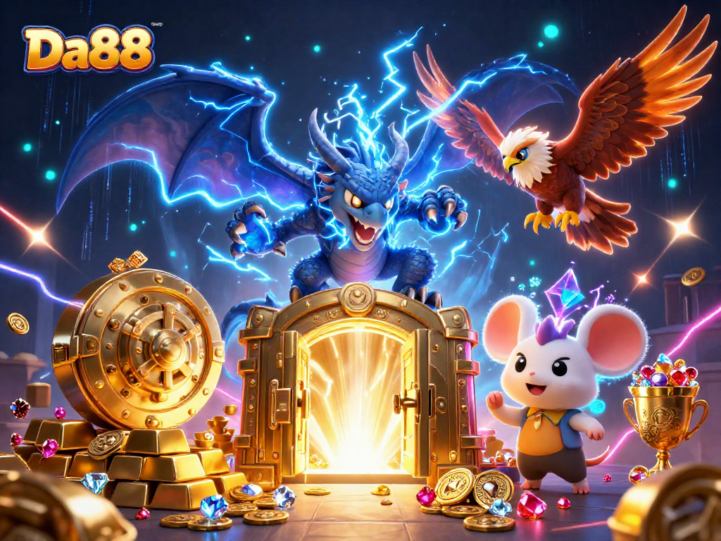 Experience Da88's electrifying gaming scene with dynamic characters and fortune elements.