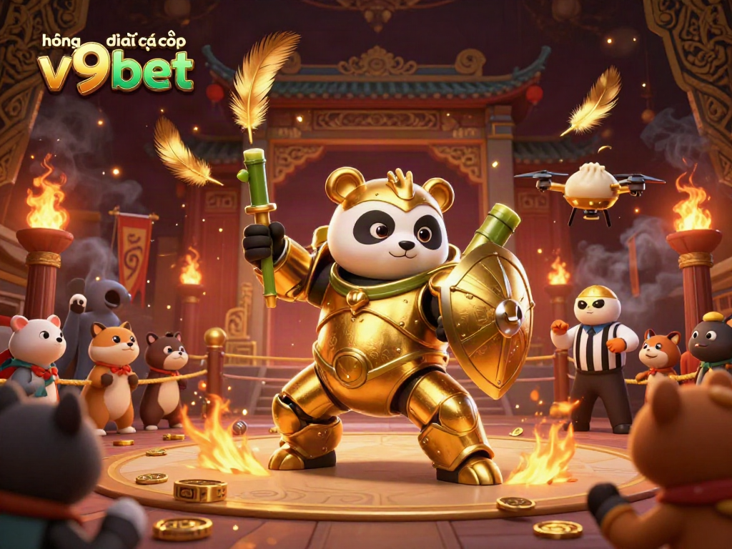 Engaging scene of hướng dẫn cá cược v9bet featuring a mech-suit panda and dynamic gambling elements.