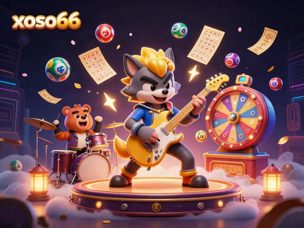 Experience xoso66's vibrant casino atmosphere with colorful lottery balls and dynamic characters.