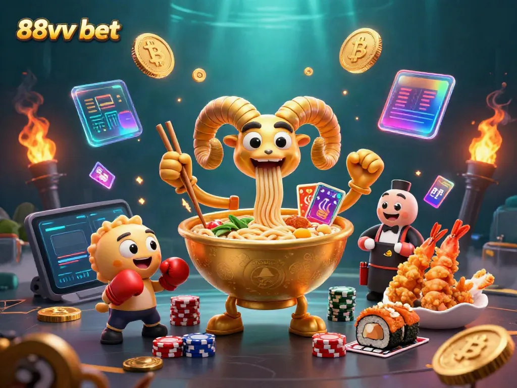 Engage with the exciting 88vv bet scene featuring animated casino characters and glowing cryptocurrencies.