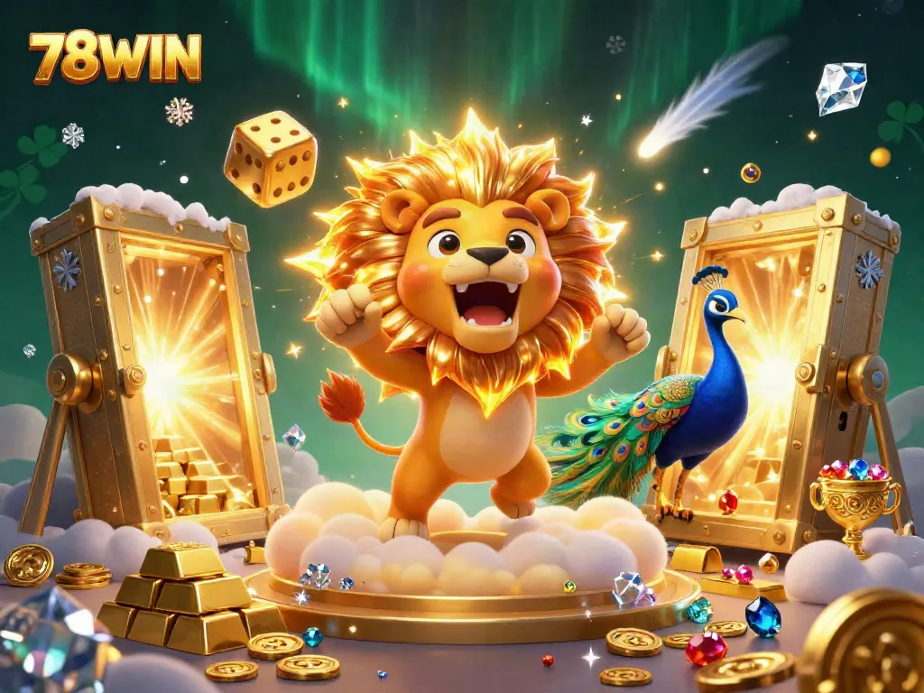 Experience thrilling gameplay with the vibrant 78WIN lion and gold treasures in this dynamic casino scene.