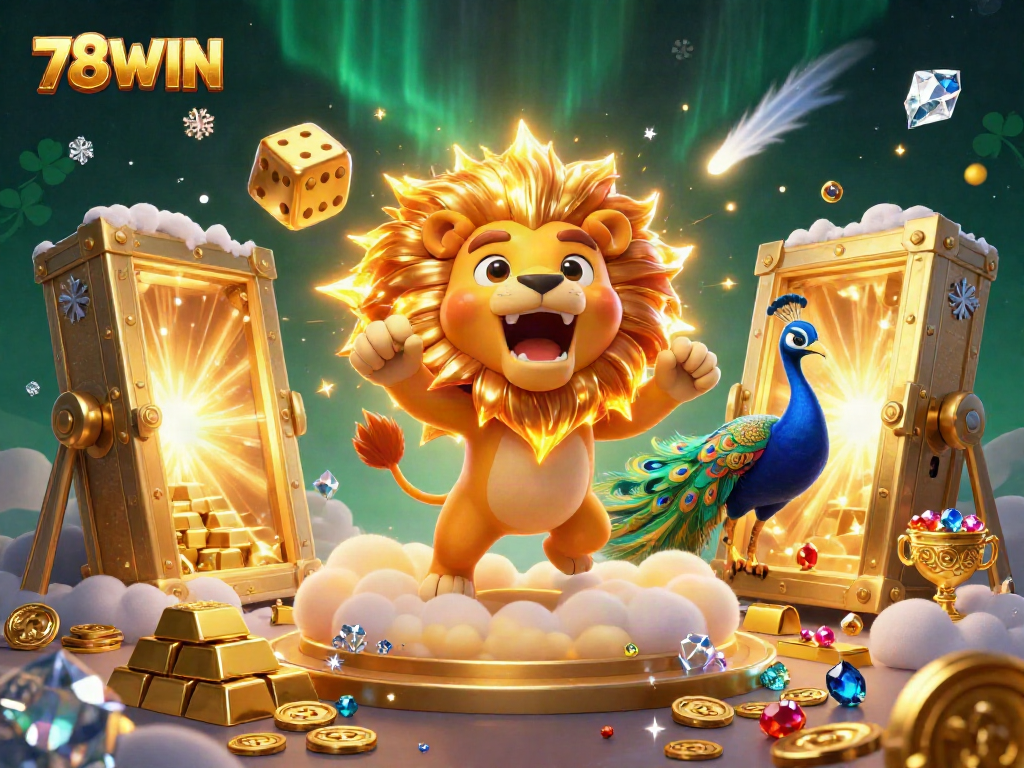 Experience thrilling gameplay with the vibrant 78WIN lion and gold treasures in this dynamic casino scene.