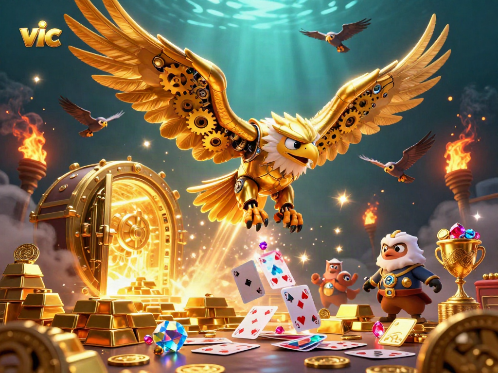 Experience the thrill of vic with a stunning 3D illustration of a golden eagle amid casino treasures.