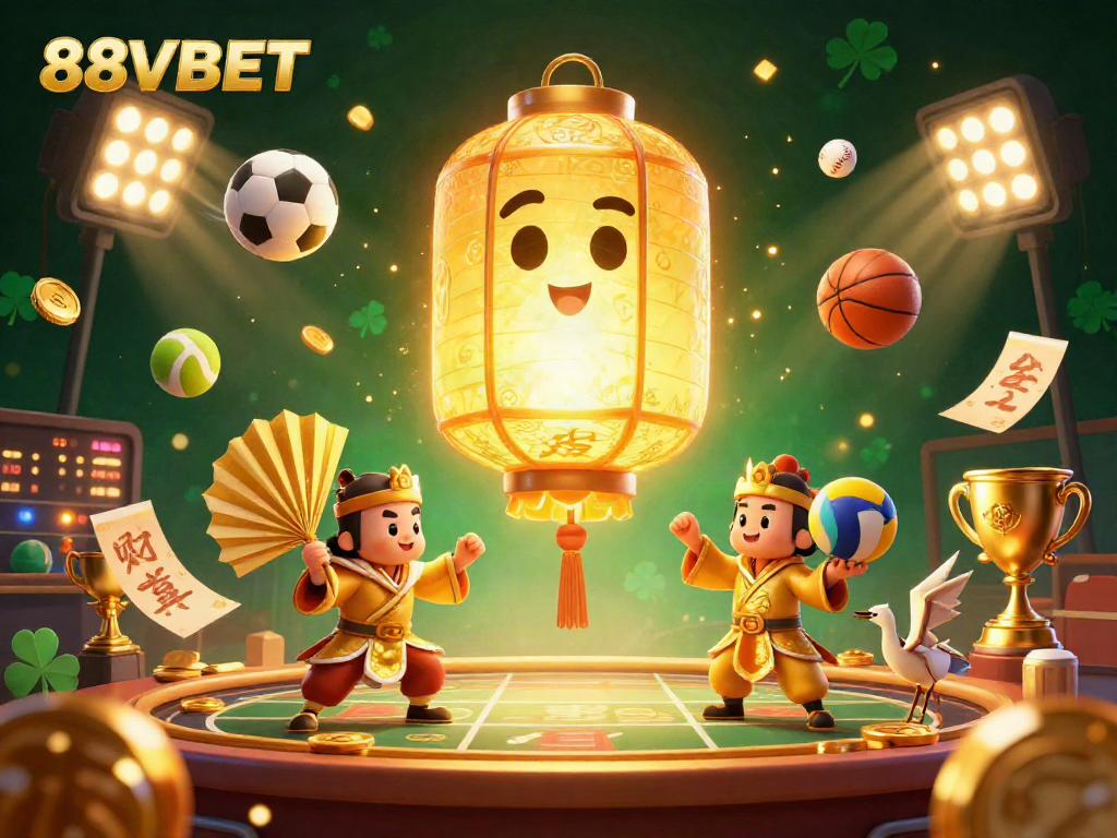 Engage with 88VBET in an ultra-detailed casino scene featuring vibrant characters and dynamic sports elements.