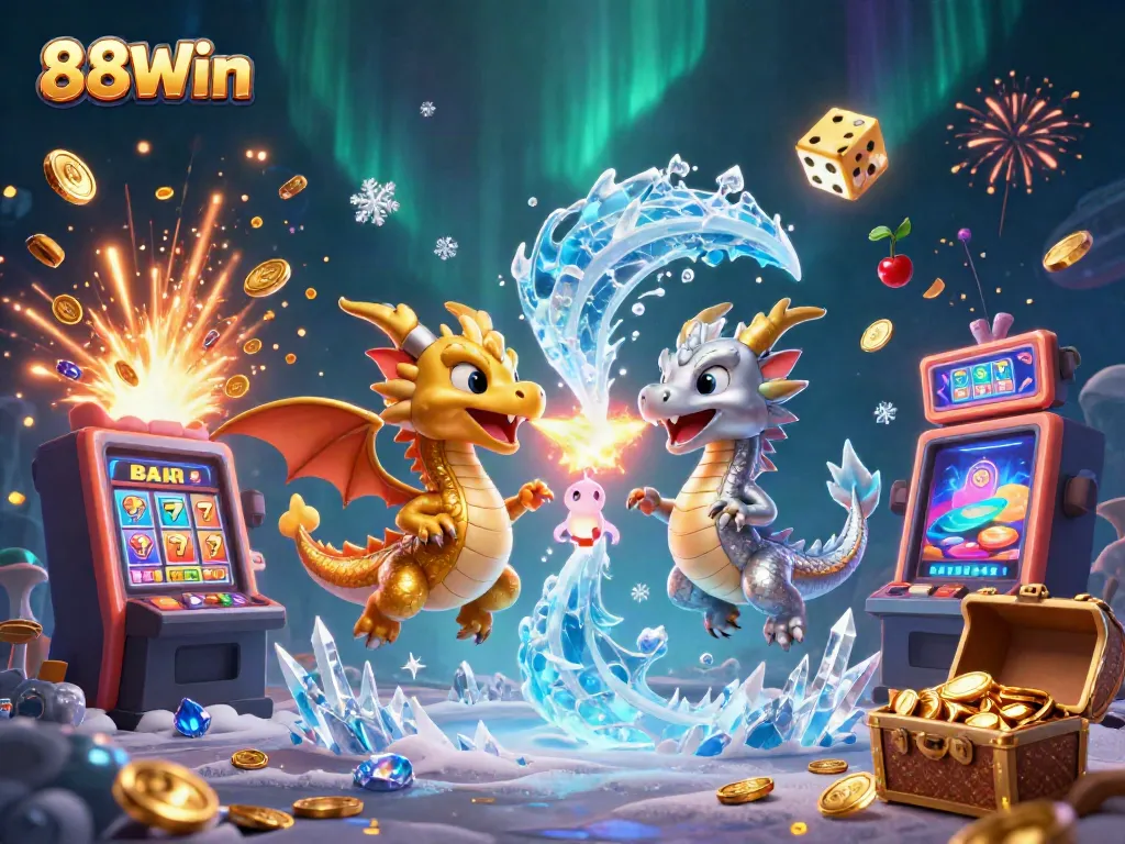 Engage in thrilling gameplay with 88Win as gold and silver dragons soar amidst jackpots bursting with coins, creating excitement.