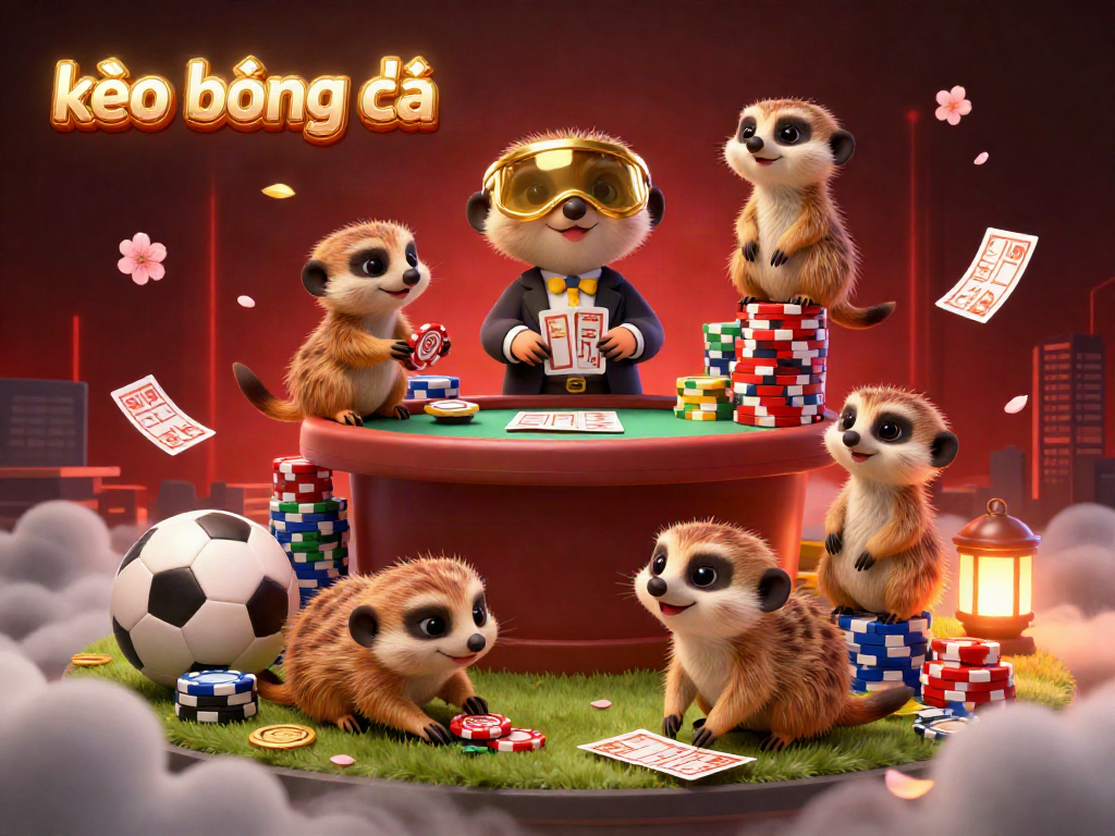 Engage with kèo bóng đá in a vibrant sports betting scene featuring meerkats managing an elaborate casino setup.