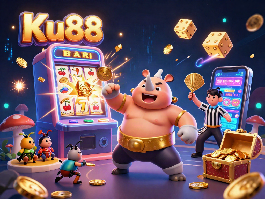 Experience thrilling gameplay at Ku88 with vibrant slot machines, golden coins, and lively characters.