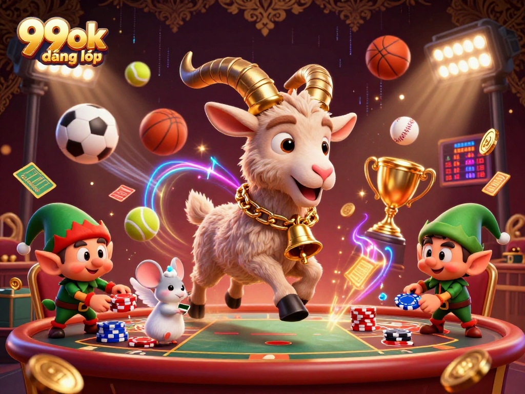 Experience the excitement of 99ok đăng nhập with a dynamic casino scene featuring festive characters and sports elements.
