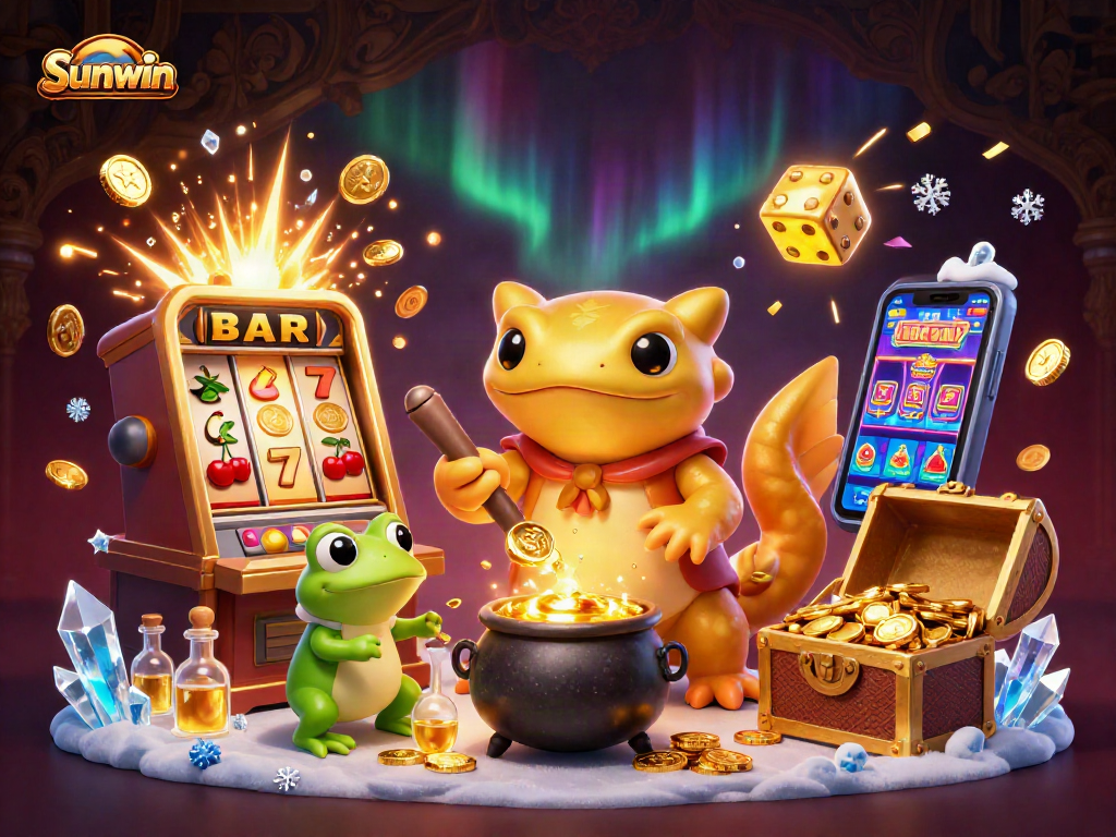 Experience thrilling wins at Sunwin with a golden alchemist scene surrounded by vibrant casino elements.