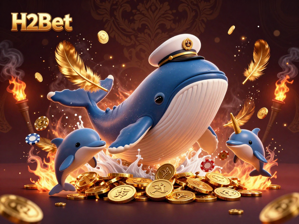 Experience the thrill of H2Bet with a vibrant, 3D illustration featuring a whale and dolphins in a gold coin sea.