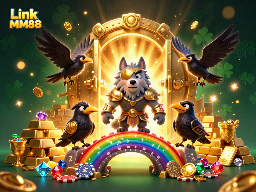 Engage in thrilling gaming adventures with Link MM88 as Odin and his ravens guard a treasure-filled casino scene.