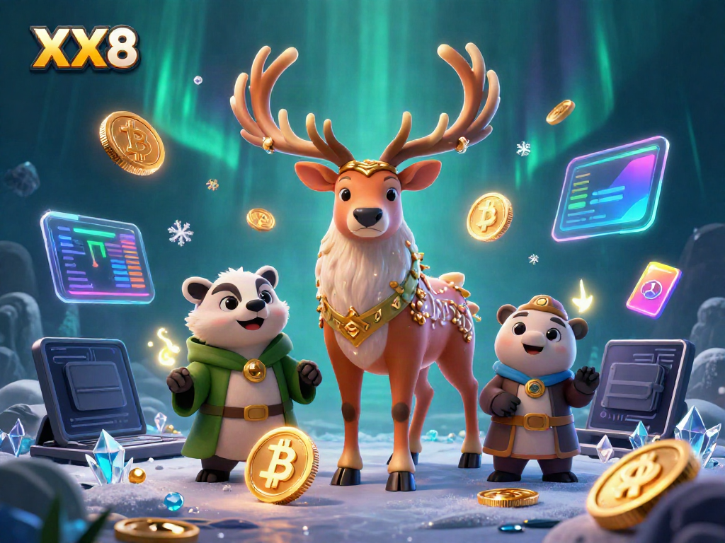 Engage in the world of XX8 with a vibrant 3D depiction featuring crypto elements amid mystical characters.