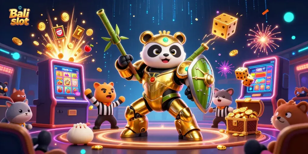 Engage with the thrilling Bali slot experience featuring a mech-suit panda in a vibrant casino showdown.