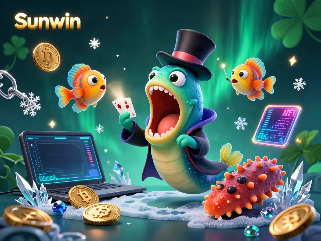 Sunwin showcases a magical scene of a gulper eel performing card tricks with exotic sea creatures.