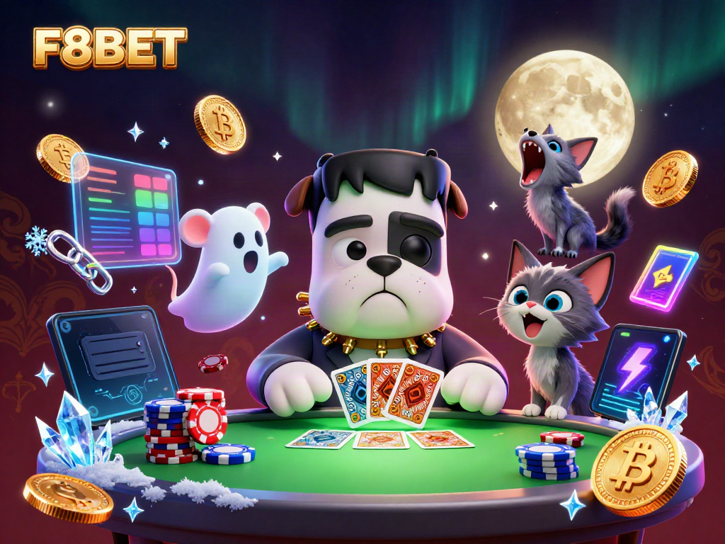 Engage with F8BET at a vibrant casino table featuring a Frankenstein bulldog dealing cards.