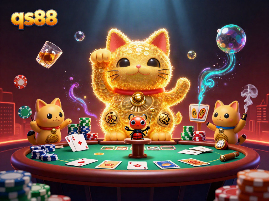 Experience qs88 with a vibrant casino scene showcasing a lucky cat and poker elements.