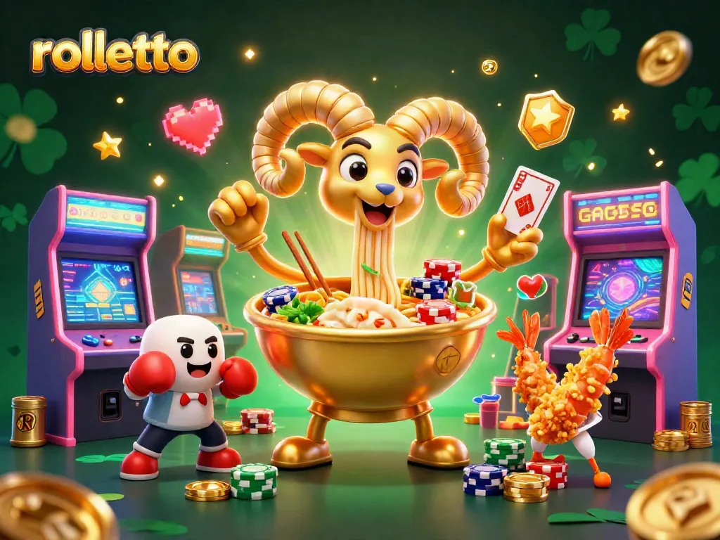 rolletto captures the fun of casino gaming with a 3D giant ramen bowl character surrounded by vibrant casino elements