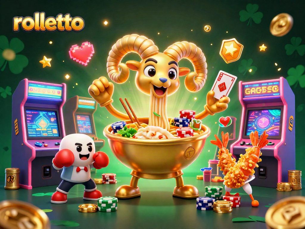 rolletto captures the fun of casino gaming with a 3D giant ramen bowl character surrounded by vibrant casino elements