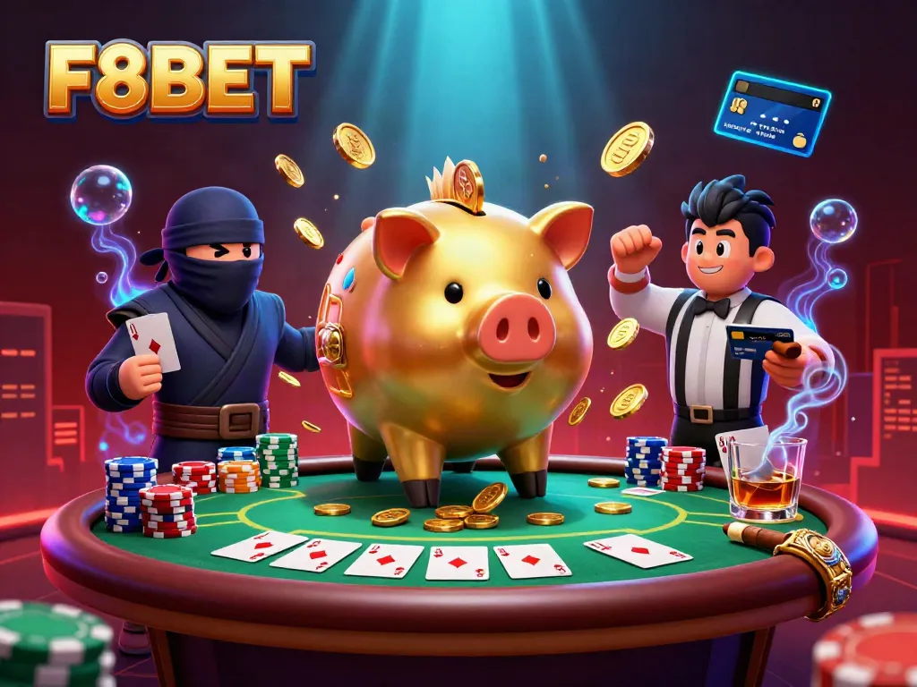 Engage in thrilling action at F8BET with an extravagant casino scene highlighting a golden piggy bank sumo wrestler.
