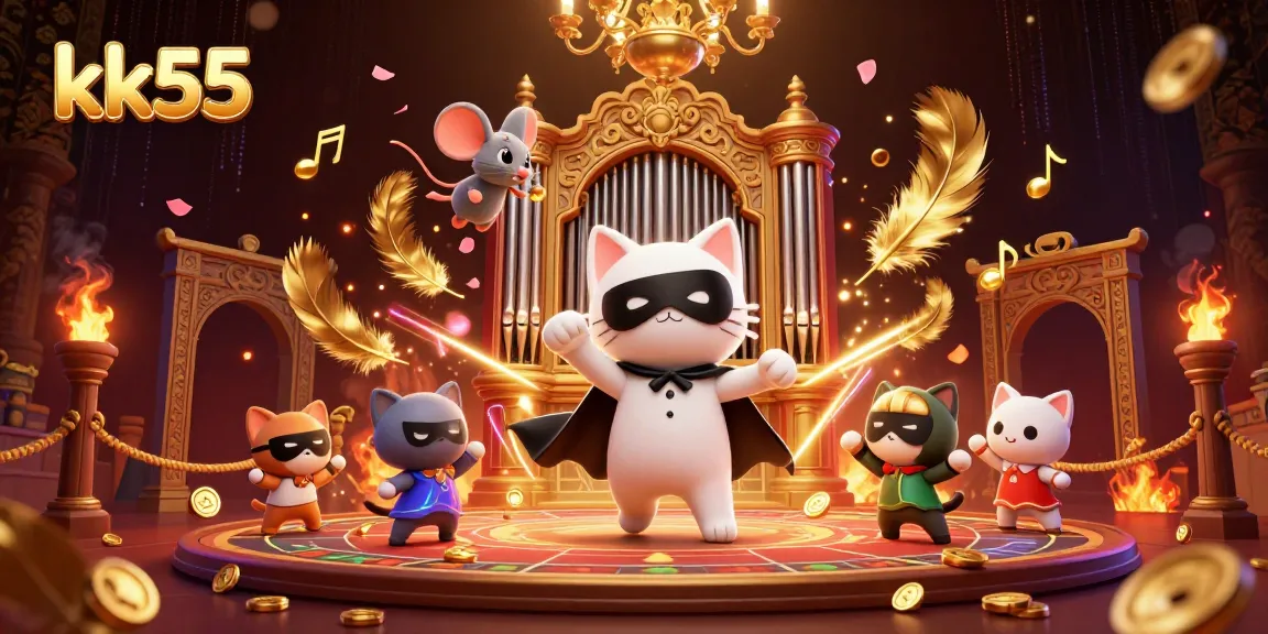 Experience the lively kk55 casino scene with a phantom cat and acrobat. Exciting gambling elements surround them.