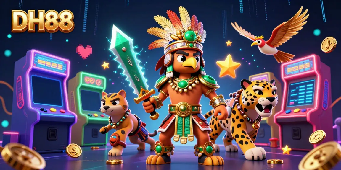 Experience the excitement of DH88 with a vibrant casino gaming scene featuring Aztec warriors and colorful slot machines.
