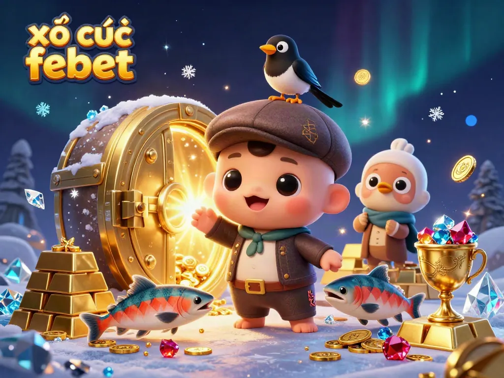 Engage with the vibrant world of xổ số febet, filled with treasures and playful characters in a dynamic illustration.