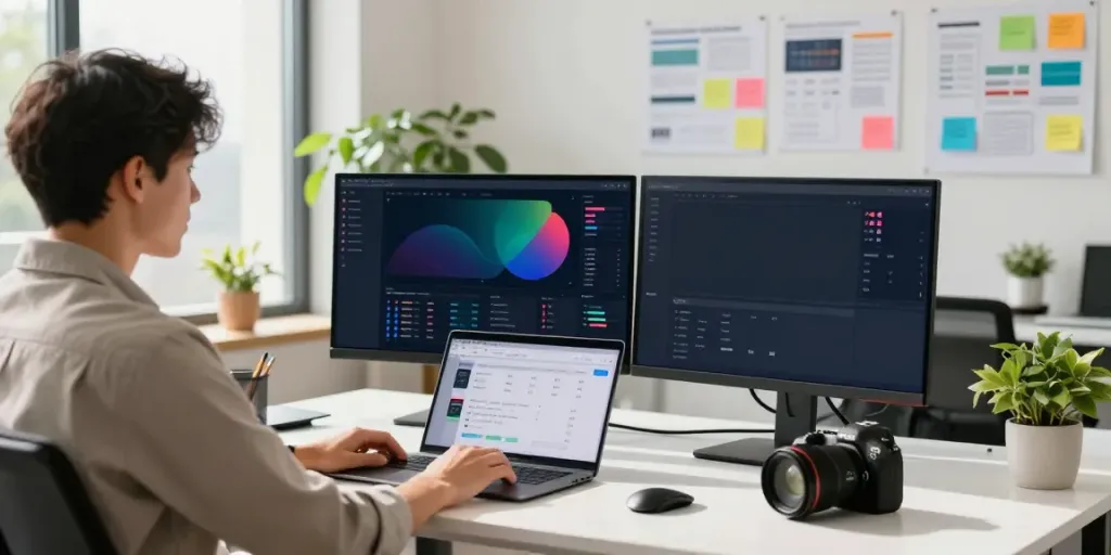 Digital marketing workspace highlighting instant indexing strategies with dual monitors and analytics.