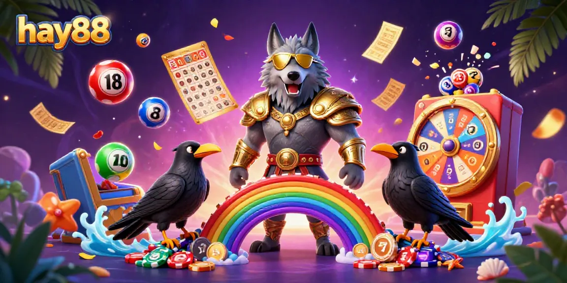 Engage in vibrant lottery excitement with hay88 featuring animated elements of colorful balls, a golden bingo card, and playful money rain.
