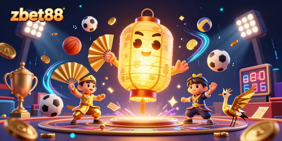 ZBET88 offers exciting sports betting experiences with vibrant illustrations filled with lucky symbols and energetic elements.