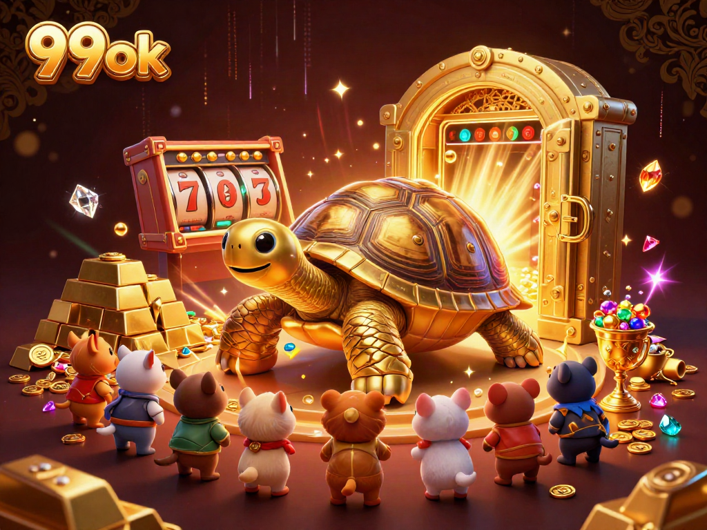 Experience thrilling gameplay with 99ok's colorful, interactive casino scene featuring exciting characters and gold treasures.