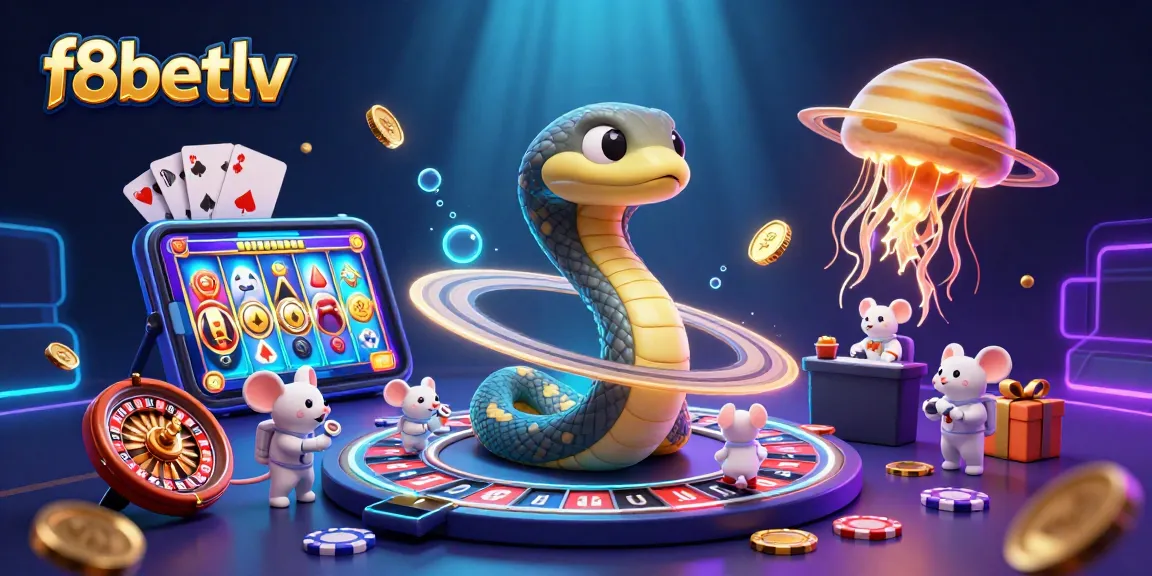Experience thrilling bets at f8betlv with a vibrant cosmic casino scene, featuring a Saturn snake and astronaut mice.