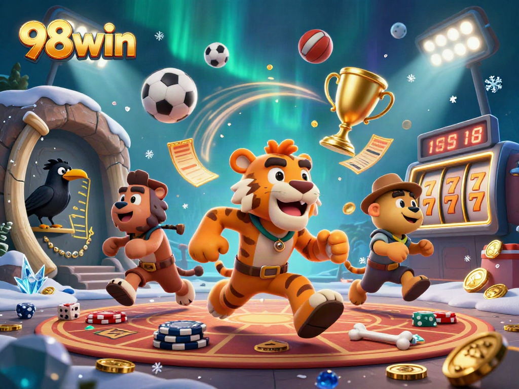 Engage in thrilling bets at 98win with this vibrant illustration of a prehistoric casino.
