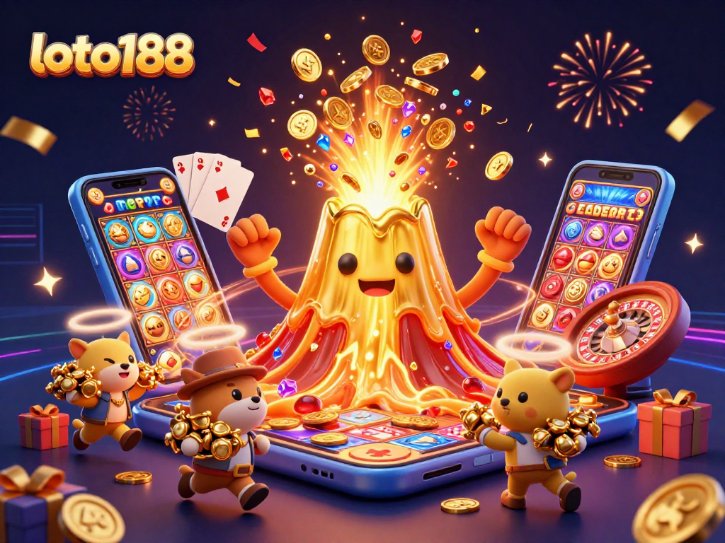 Experience thrilling wins with loto188 as the golden volcano erupts treasure in a vibrant casino scene.