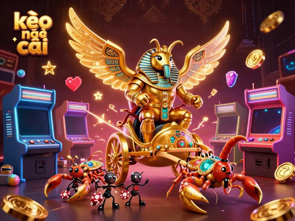 Experience thrilling sports betting with kèo nhà cái showcasing a colossal golden scarab and vibrant game elements.