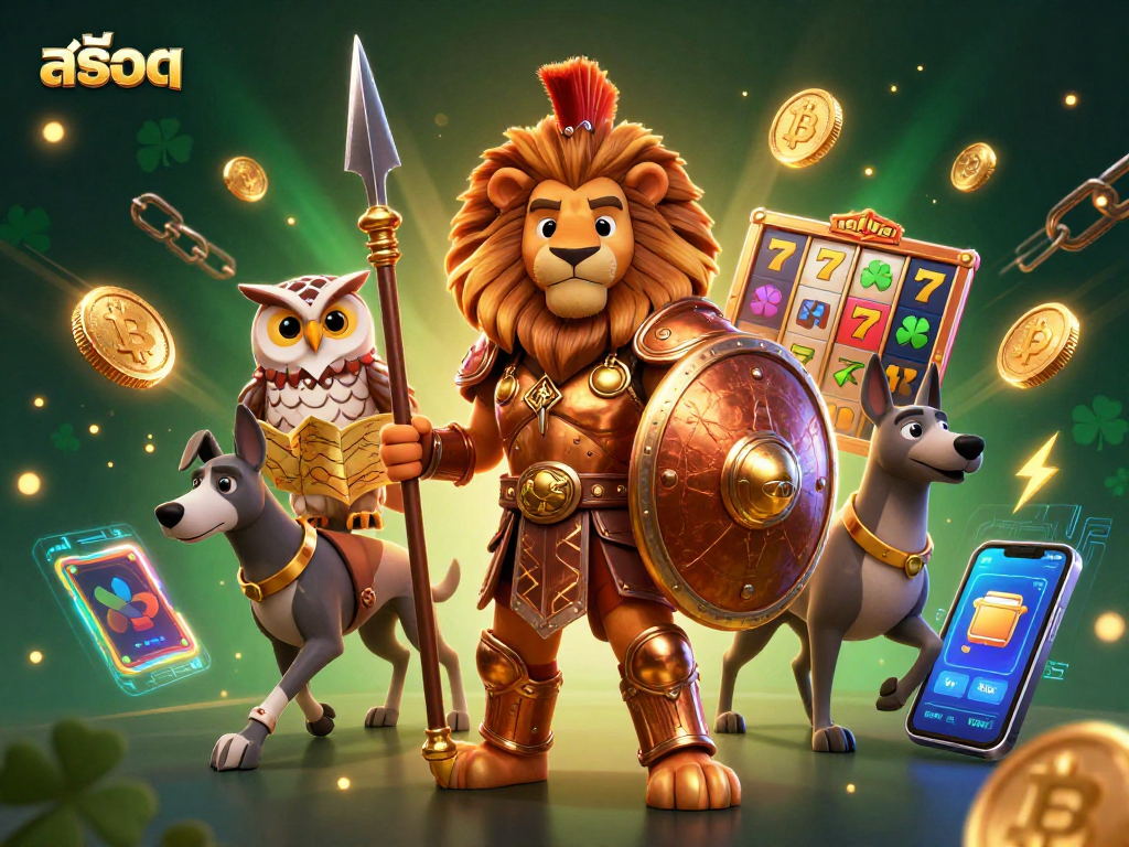 Engage with สล็อต as the Spartan lion, owl strategist, and greyhound messenger dominate a vibrant casino-themed scene.