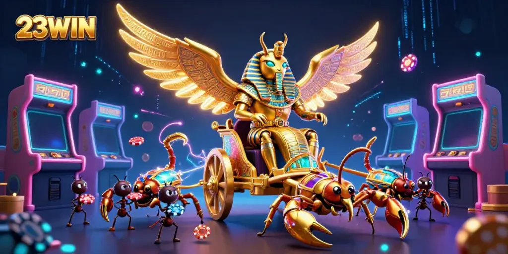 Experience the thrill of 23WIN with a vibrant 3D casino illustration showcasing colorful characters and gaming elements.