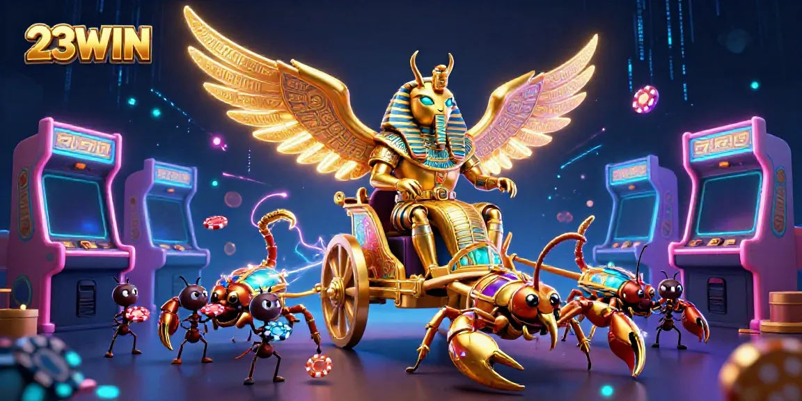 Experience the thrill of 23WIN with a vibrant 3D casino illustration showcasing colorful characters and gaming elements.