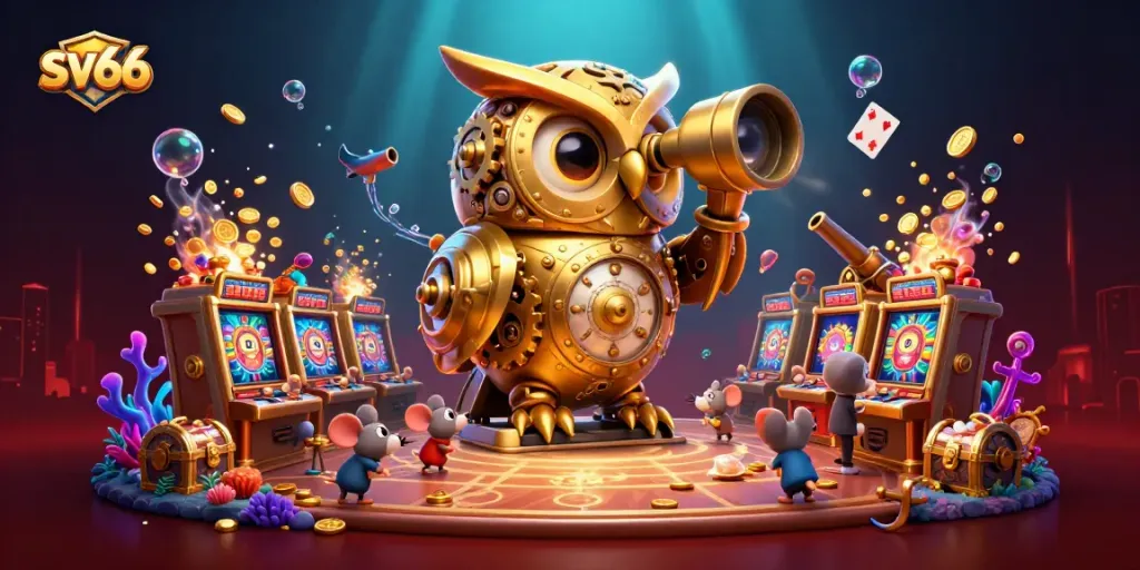 sv66 brings excitement with dynamic casino scene featuring an owl, mice, and treasure elements.