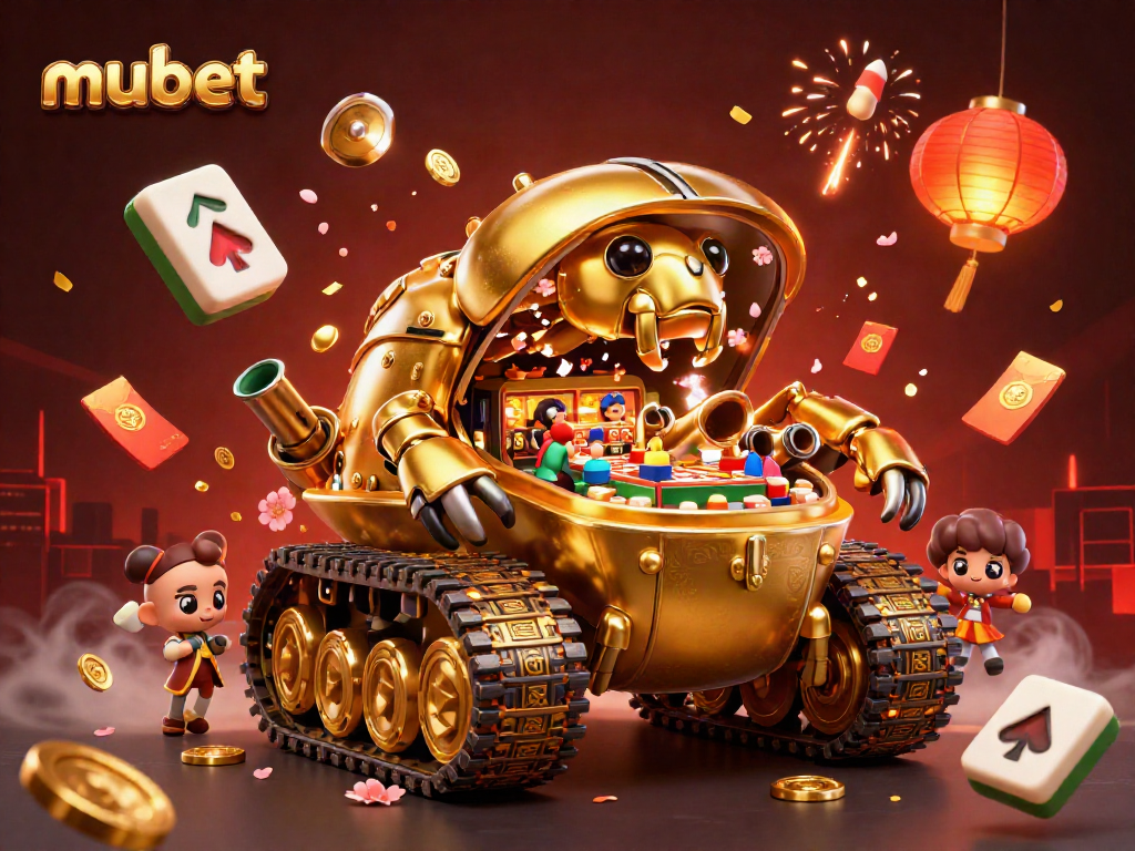 Experience the thrill of mubet with a golden beetle tank revealing a tiny casino, surrounded by festive elements.