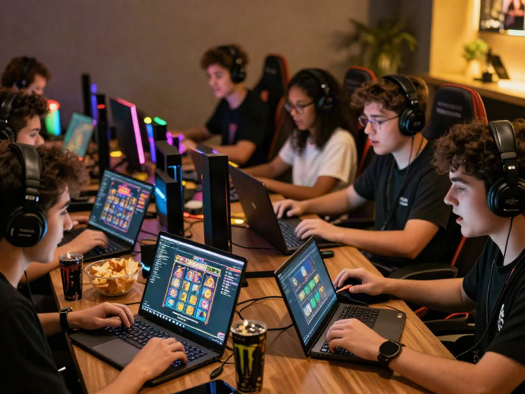 Players engaging in rokok88 slot login on laptops with vibrant gaming setups.