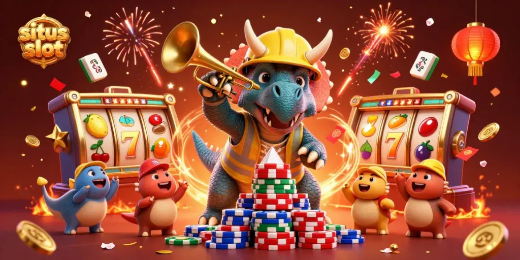Situs slot illustration featuring a triceratops and parasaurolophus celebrating with slot reels and poker chips.