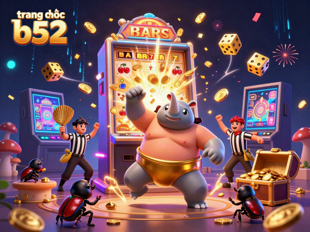 Experience the excitement of gambling at trang chủ b52 with a vibrant 3D scene of a beetle champion amidst a jackpot explosion.