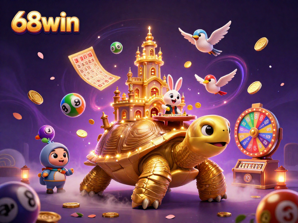 Experience the excitement of 68win with a dynamic 3D casino scene featuring vibrant game elements.