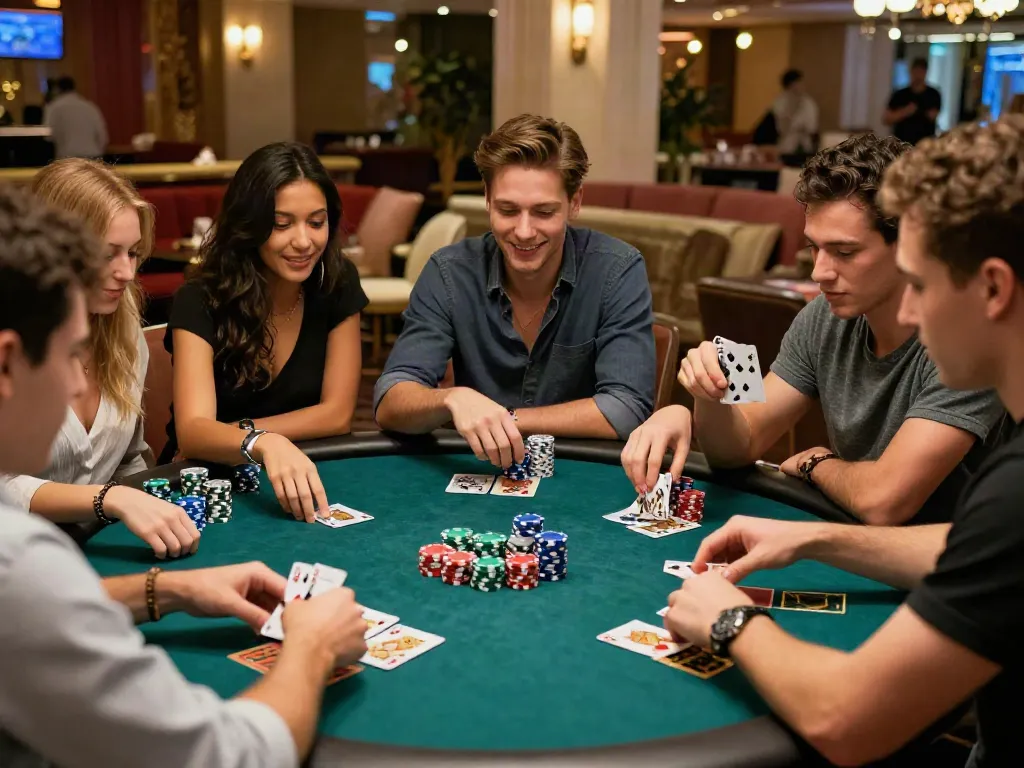 Group enjoying a card game at a casino, highlighting casinos non GamBlock UK atmosphere.