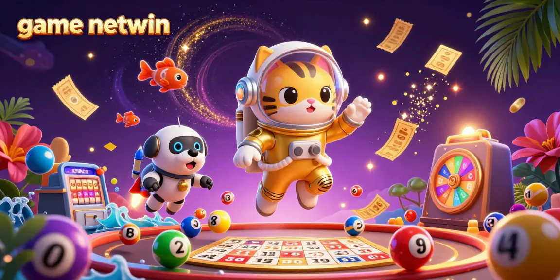 Experience thrilling moments with game netwin, as colorful lottery balls bounce around vibrant gambling elements.